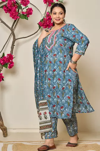 grey cotton straight plus size kurta dupatta pant set