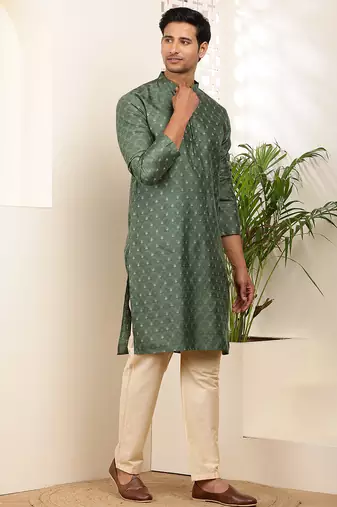 Men's green self-design silk blend kurta with beige churidar
