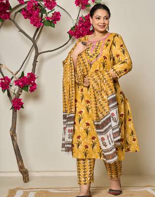 mustard cotton lace work on yoke straight plus size kurta dupatta pant set 1