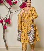 mustard cotton lace work on yoke straight plus size kurta dupatta pant set