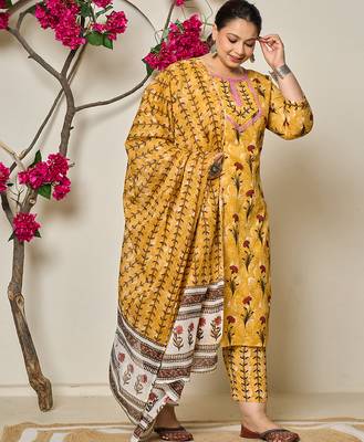 mustard cotton lace work on yoke straight plus size kurta dupatta pant set 2