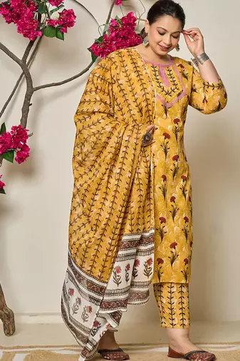 mustard cotton lace work on yoke straight plus size kurta dupatta pant set
