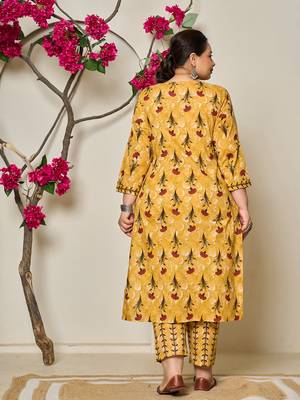 mustard cotton lace work on yoke straight plus size kurta dupatta pant set 3