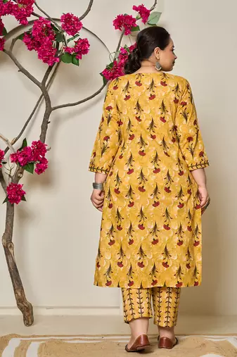 mustard cotton lace work on yoke straight plus size kurta dupatta pant set