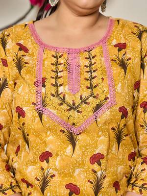 mustard cotton lace work on yoke straight plus size kurta dupatta pant set 4
