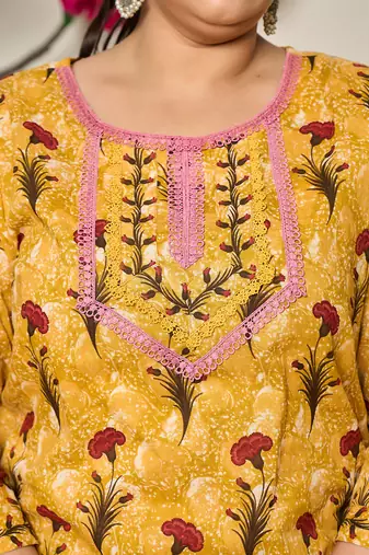 mustard cotton lace work on yoke straight plus size kurta dupatta pant set