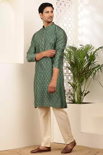 Men's green self-design silk blend kurta with beige churidar