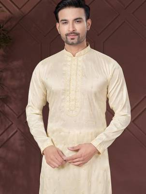 Cream pure silk with embroidery work kurta pyjama for mens wear 2