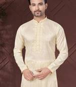 Cream pure silk with embroidery work kurta pyjama for mens wear
