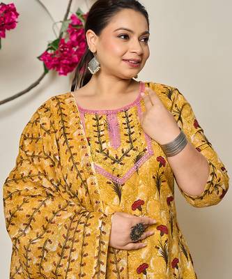 mustard cotton lace work on yoke straight plus size kurta dupatta pant set 5