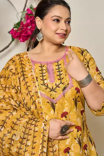 mustard cotton lace work on yoke straight plus size kurta dupatta pant set