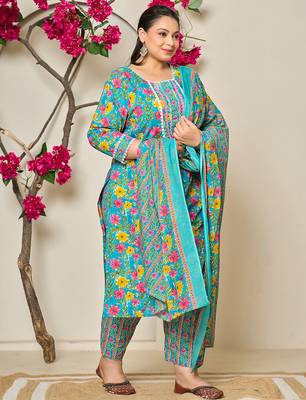 turquoise blue cotton floral print lace work plus size kurta pants dupatta set 1