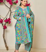 turquoise blue cotton floral print lace work plus size kurta pants dupatta set