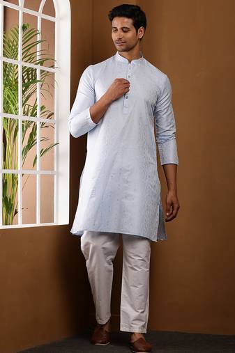 Men's light blue textured kurta with white churidar