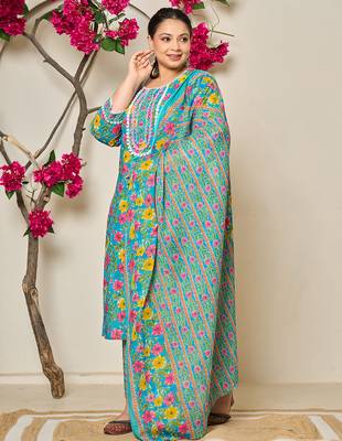 turquoise blue cotton floral print lace work plus size kurta pants dupatta set 2