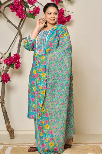 turquoise blue cotton floral print lace work plus size kurta pants dupatta set