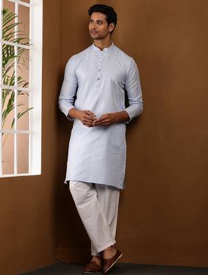 Men's light blue textured kurta with white churidar 2