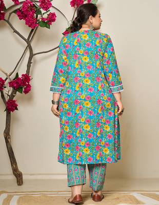 turquoise blue cotton floral print lace work plus size kurta pants dupatta set 3