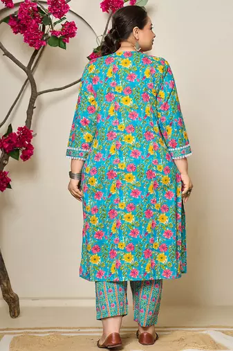 turquoise blue cotton floral print lace work plus size kurta pants dupatta set