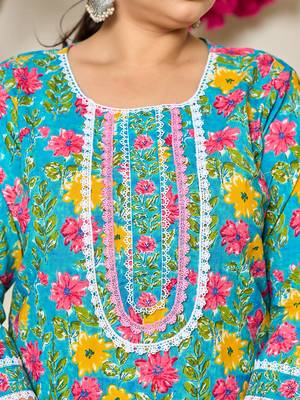 turquoise blue cotton floral print lace work plus size kurta pants dupatta set 4
