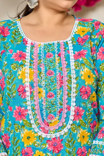 turquoise blue cotton floral print lace work plus size kurta pants dupatta set