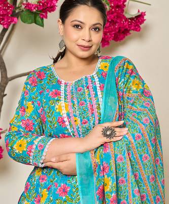 turquoise blue cotton floral print lace work plus size kurta pants dupatta set 5