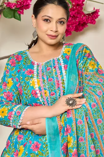 turquoise blue cotton floral print lace work plus size kurta pants dupatta set