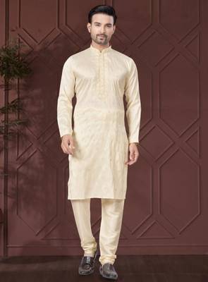 Cream pure silk with embroidery work kurta pyjama for mens wear 3