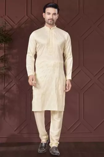 Cream pure silk with embroidery work kurta pyjama for mens wear