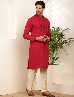 Men's red embroidered silk blend kurta with beige churidar 1