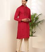 Men's red embroidered silk blend kurta with beige churidar