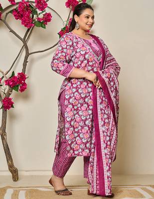 burgundy and grey cotton floral print lace work plus size kurta pants dupatta set 2
