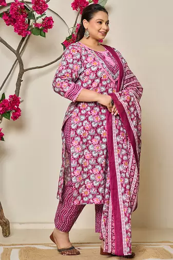 burgundy and grey cotton floral print lace work plus size kurta pants dupatta set