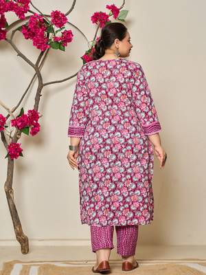 burgundy and grey cotton floral print lace work plus size kurta pants dupatta set 3