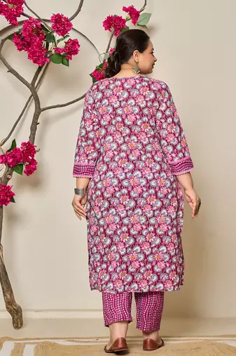 burgundy and grey cotton floral print lace work plus size kurta pants dupatta set