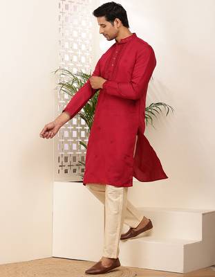 Men's red embroidered silk blend kurta with beige churidar 2