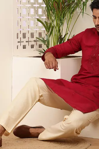 Men's red embroidered silk blend kurta with beige churidar
