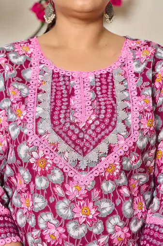 burgundy and grey cotton floral print lace work plus size kurta pants dupatta set