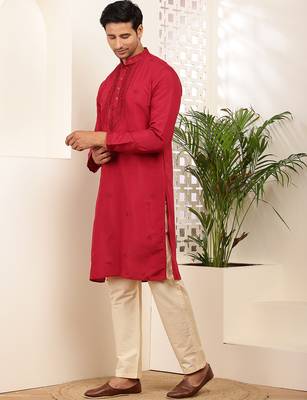 Men's red embroidered silk blend kurta with beige churidar 4