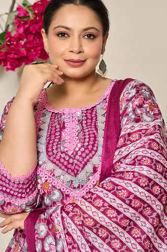 burgundy and grey cotton floral print lace work plus size kurta pants dupatta set