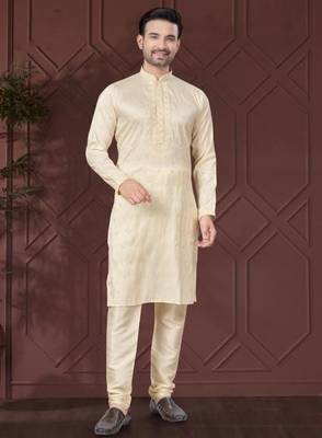 Cream pure silk with embroidery work kurta pyjama for mens wear 1