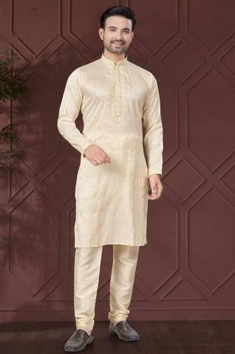 Cream pure silk with embroidery work kurta pyjama for mens wear