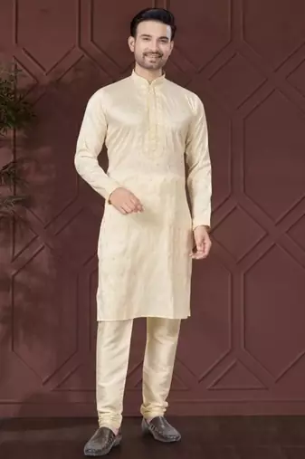 Cream pure silk with embroidery work kurta pyjama for mens wear