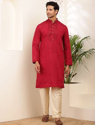 Men's red embroidered silk blend kurta with beige churidar 5