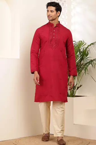Men's red embroidered silk blend kurta with beige churidar