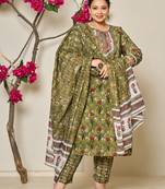 green cotton lace work on yoke straight plus size kurta dupatta pant set