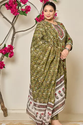 green cotton lace work on yoke straight plus size kurta dupatta pant set