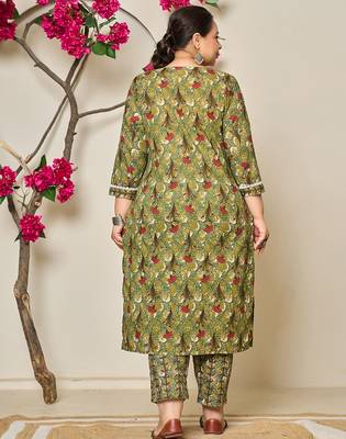 green cotton lace work on yoke straight plus size kurta dupatta pant set 3