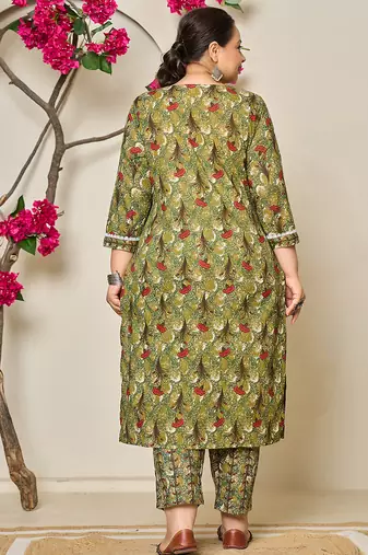 green cotton lace work on yoke straight plus size kurta dupatta pant set