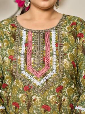green cotton lace work on yoke straight plus size kurta dupatta pant set 4